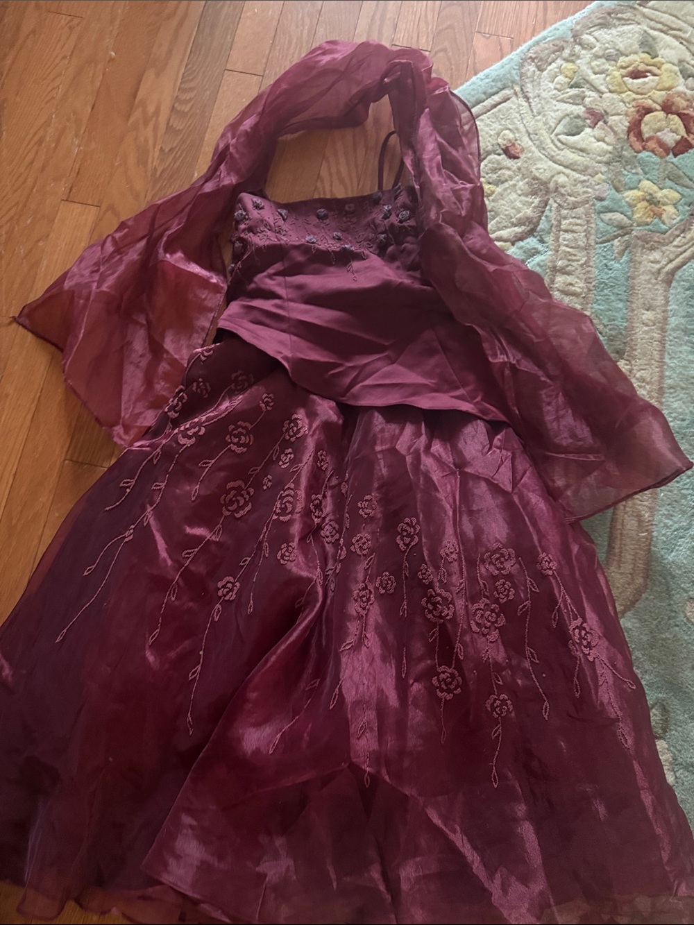 Embroidered Organza Burgundy Party Dress with Shawl